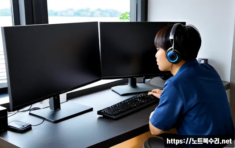미사동 부팅안됨 - Photorealistic home office in Misa-dong, a desktop workstation with dual monitors showing a blank bo...