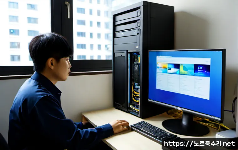 목동동 공장초기화복구 - Photorealistic remote-support workstation in a compact Mok-dong apartment study, technician carefull...