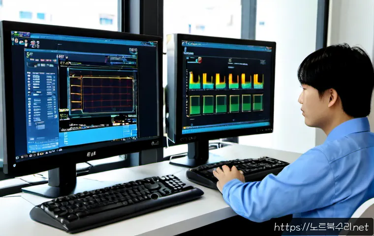 광사동 STATUS_INVALID_DISPOSITION - Photorealistic IT support workstation in a compact Korean residential-office district, dual monitors...