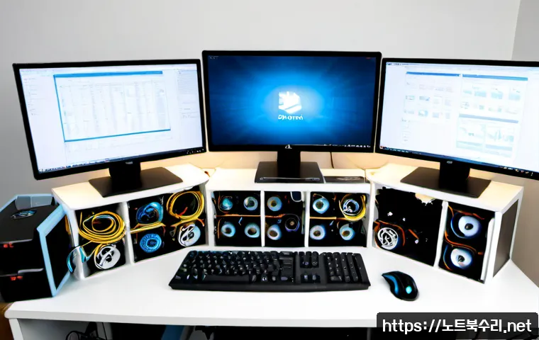 야동동 DEVICE_DRIVER_MISMATCH - Photorealistic IT support workstation in a compact Seoul office, dual monitors showing abstract 3D C...