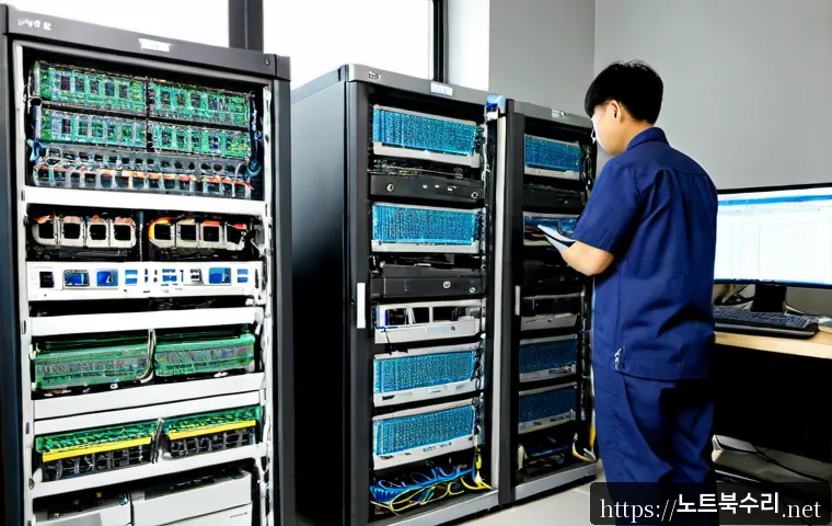 화성시 서버출장방문수리점 - Photorealistic on-site server repair in a modern Hwaseong industrial office, technician servicing an...
