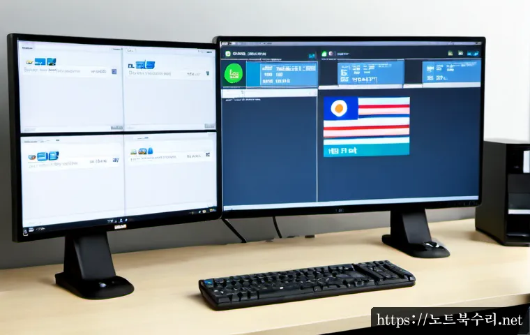 효성동 STATUS_SESSION_TIMEOUT - Photorealistic IT support workstation in a compact Korean residential office, dual monitors showing ...