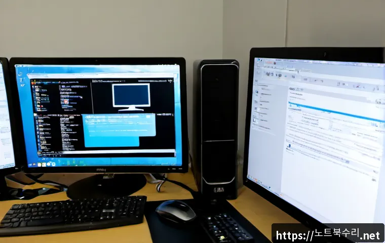 고담동 STATUS_FILE_NOT_FOUND - Photorealistic remote-support workstation in a compact Gothamdong apartment office, dual monitors sh...