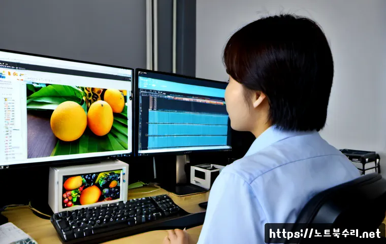 가락동 KMODE_EXCEPTION_NOT_HANDLED - Photorealistic IT support workstation in a compact Garak-dong produce-market office, dual monitors s...