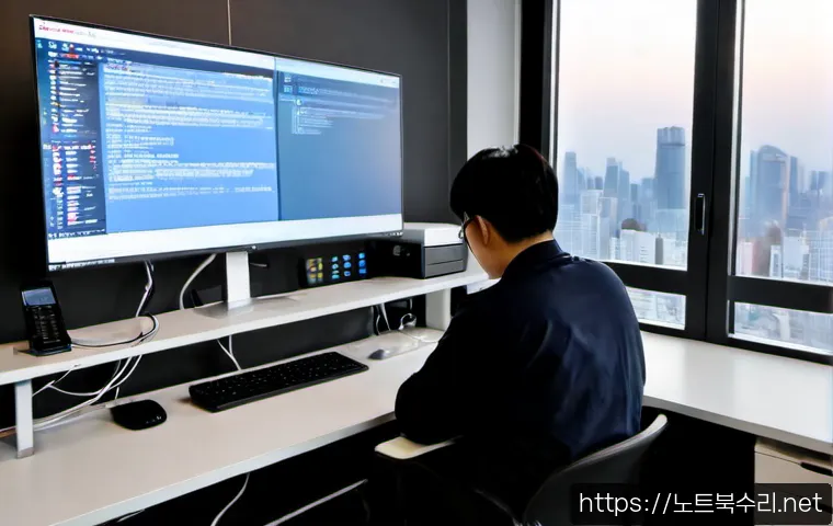 삼숭동 부팅불가 - Photorealistic premium office workstation in Samseong-dong, a desktop computer halted at a dark boot...