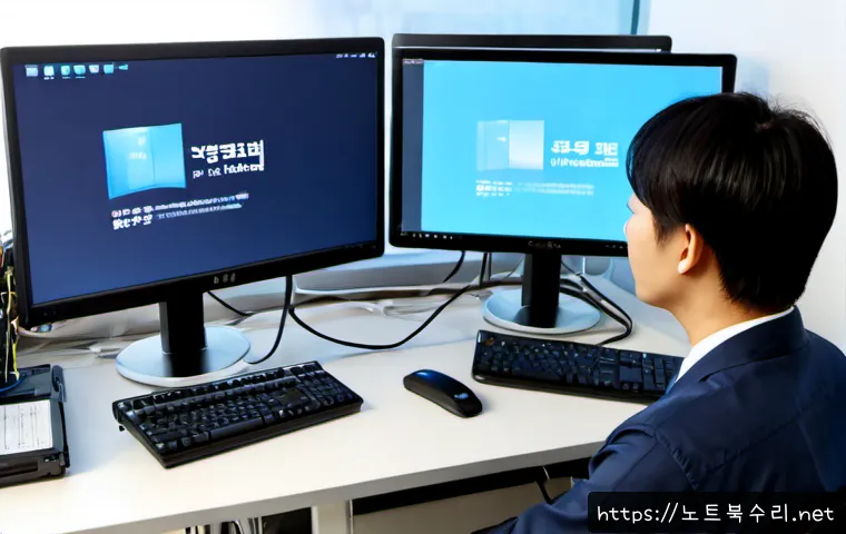 기흥동 STATUS_KERNEL_CONNECTION_TIMEOUT - Photorealistic IT support workstation in a modern Korean apartment office, dual monitors showing a b...