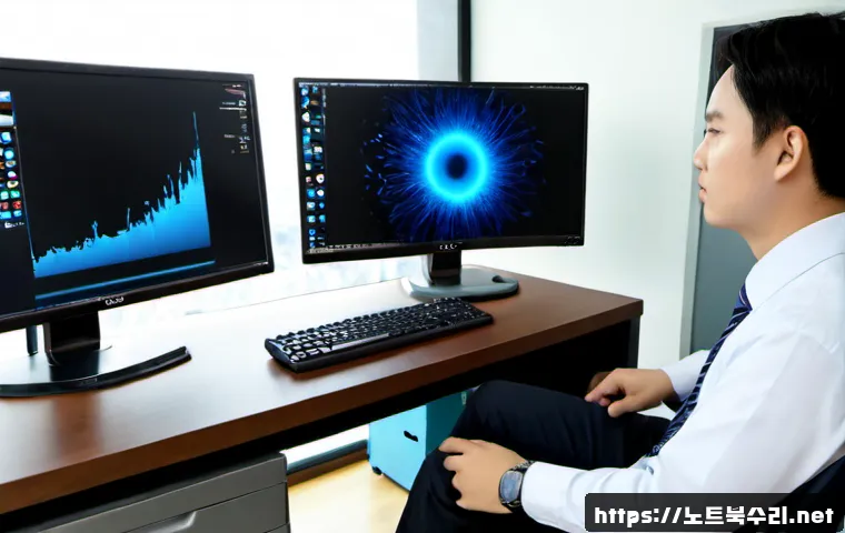 서운동 UNEXPECTED_KERNEL_MODE_TRAP - Photorealistic IT support workstation in a compact Seoun-dong office, dual monitors showing abstract...