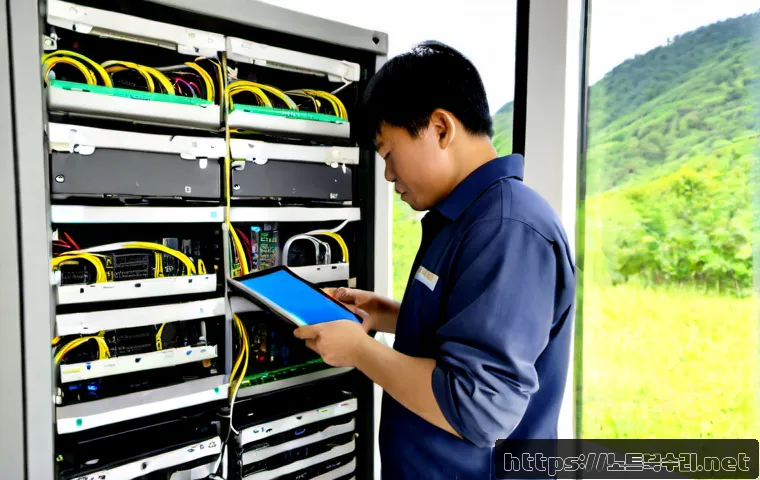 모현면 server출장방문수리점 - Photorealistic on-site server repair in a compact countryside office near low wooded hills, technici...