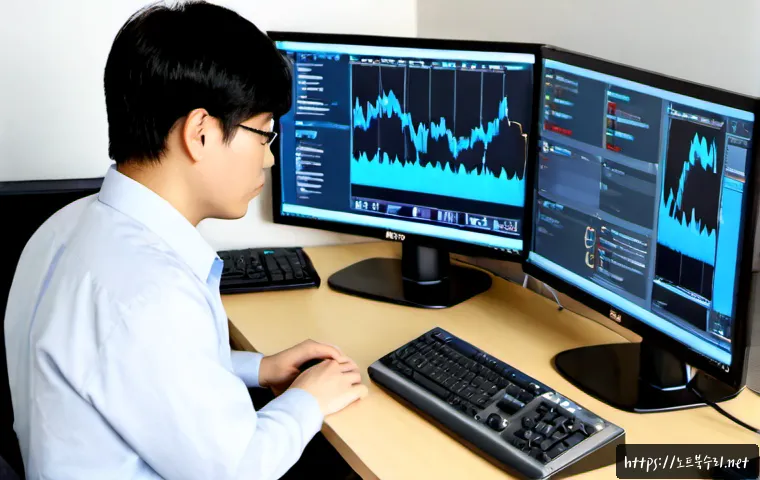 천호동 SYSTEM_THREAD_EXCEPTION_NOT_HANDLED - Photorealistic IT support workstation in a modern Cheonho-dong apartment office, dual monitors showi...