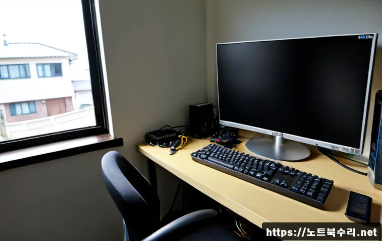 동두천동 입력신호가 없습니다 - Photorealistic IT support workstation in a compact apartment office, a blank dark monitor showing no...