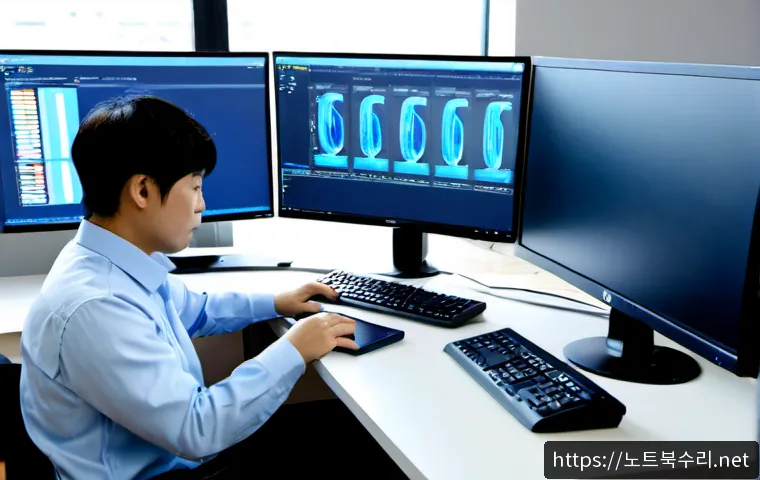 학익동 WIN32K_POWER_WATCHDOG_TIMEOUT - Photorealistic remote IT support workstation in a modern office near Hakik-dong, dual monitors showi...