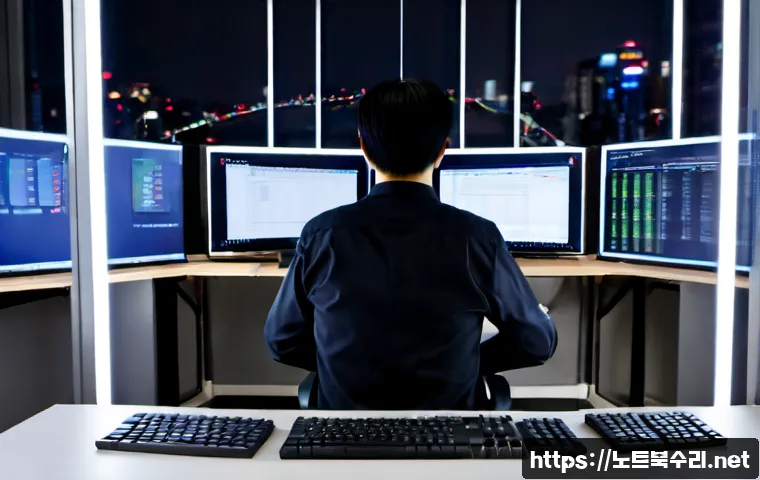 묵정동 VENDOR_DEFINED_ERROR - Photorealistic IT support workstation in a compact Mugyo-dong office, dual monitors showing abstract...