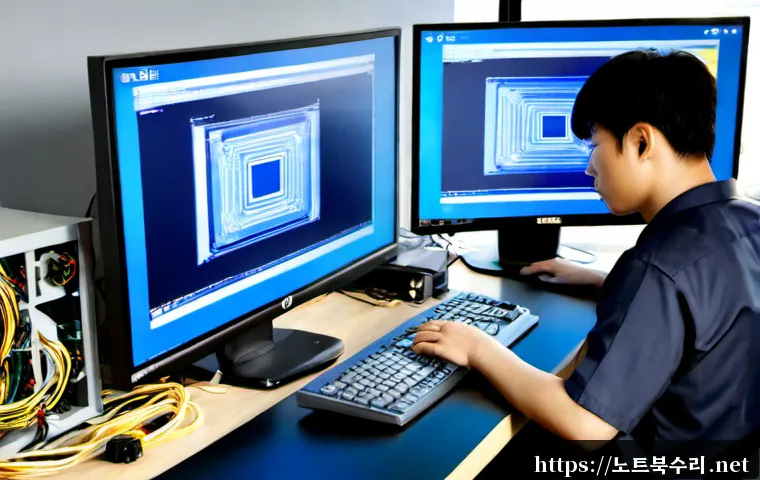 모곡동 KERNEL_SECURITY_CHECK_FAILURE - Photorealistic IT support workstation in a compact Korean riverside office district, dual monitors s...