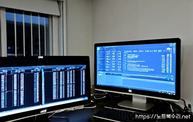 망월동 STATUS_INSUFFICIENT_RESOURCES - Photorealistic IT support workstation in Mangwol-dong, dual monitors showing a complex 3D CAD assemb...