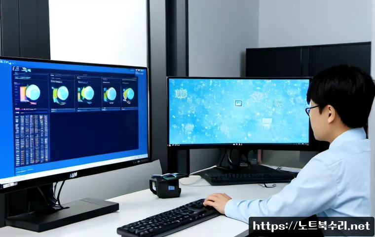 귀인동 WATCHDOG_VIOLATION - Photorealistic remote IT support workstation in a modern Anyang office near Gwain-dong, dual monitor...