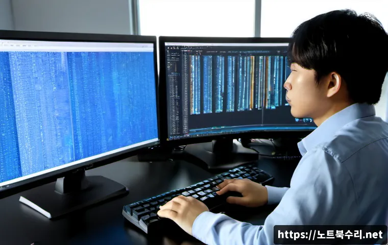 가산동 STATUS_ACCESS_VIOLATION - Photorealistic software developer workstation in a Gasan Digital Complex office, dual monitors showi...