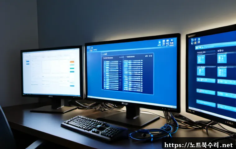 고색동 DPC_WATCHDOG_VIOLATION - Photorealistic IT support workstation in a modest Kosa-dong office, dual monitors showing a blank bl...