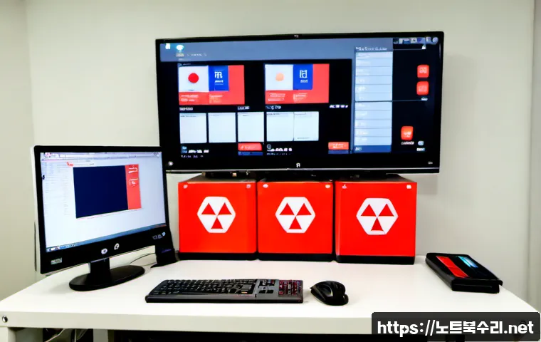 원지동 STATUS_DISK_READ_FAILURE - Photorealistic remote-support workstation in Wonji-dong, Seoul, dual monitors showing a complex CAD-...