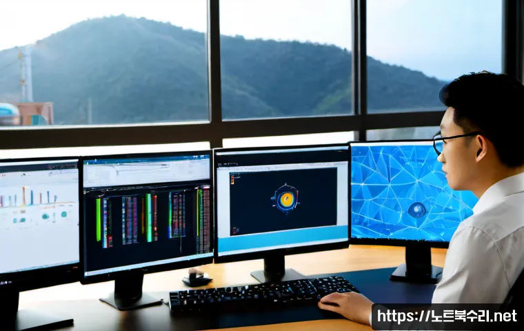 이태원 STATUS_INVALID_LOCK_SEQUENCE - Photorealistic IT support workstation in an Itaewon-inspired creative studio, dual monitors showing ...
