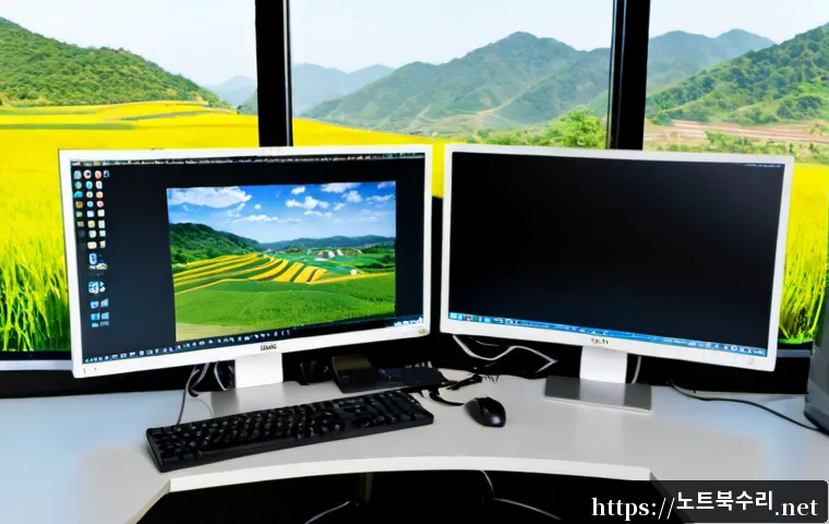 청산면 STATUS_KERNEL_HANDLE_INVALID - Photorealistic software support workstation in a quiet rural Korean office, dual monitors showing ab...