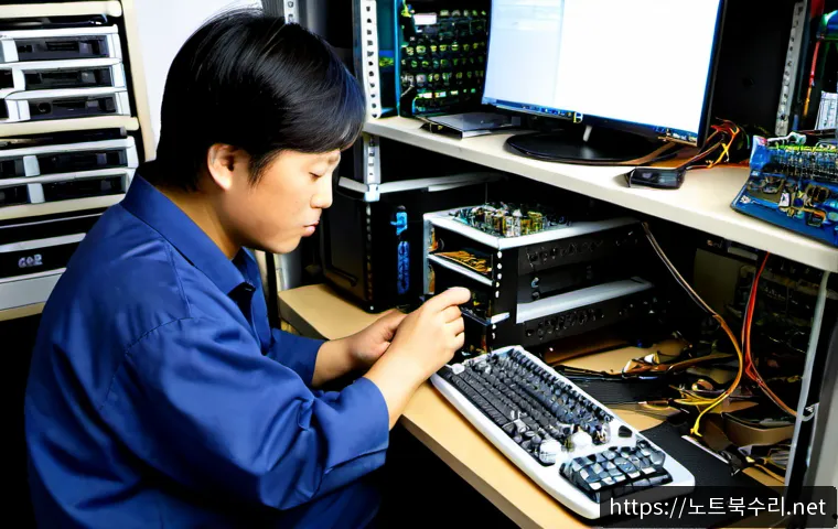 문학동 메인보드조립 및 교체수리 - Photorealistic electronics repair bench in a compact Munhak-dong computer service workshop, technici...
