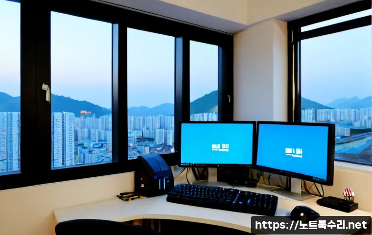 신천동 SYSTEM_SERVICE_EXCEPTION - Photorealistic IT support workstation in a compact Sincheon-dong apartment office, dual monitors wit...