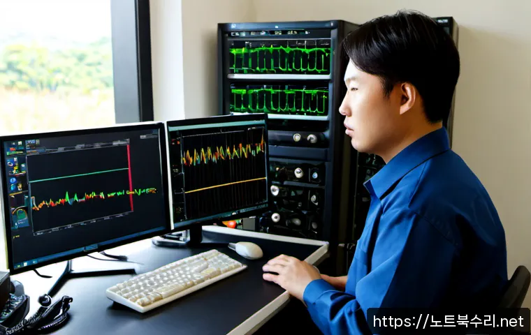 창수면 HARDWARE_INTERRUPT_STORM - Photorealistic IT support workstation in a quiet rural Korean township office, technician examining ...
