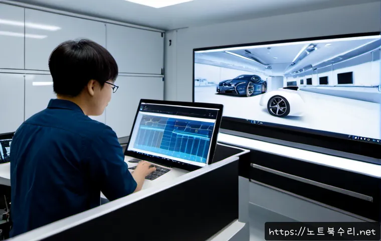 풍동 STATUS_CONTROL_C_EXIT - Photorealistic engineering workstation in a Korean automotive wind tunnel laboratory, dual monitors ...