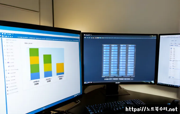 하상동 STATUS_PAGEFILE_MISSING - Photorealistic IT support workstation in a compact Korean office, dual monitors showing abstract sto...