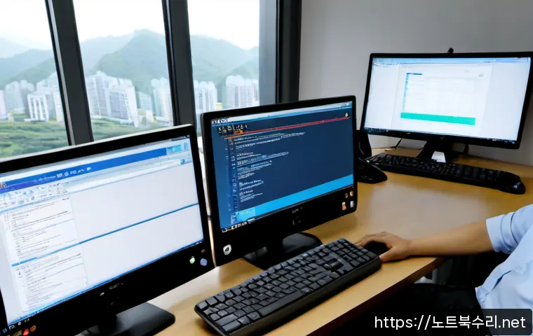 하중동 STATUS_INVALID_LOCK_SEQUENCE - Photorealistic IT support workstation in a modern Siheung office, dual monitors showing a clean unbr...