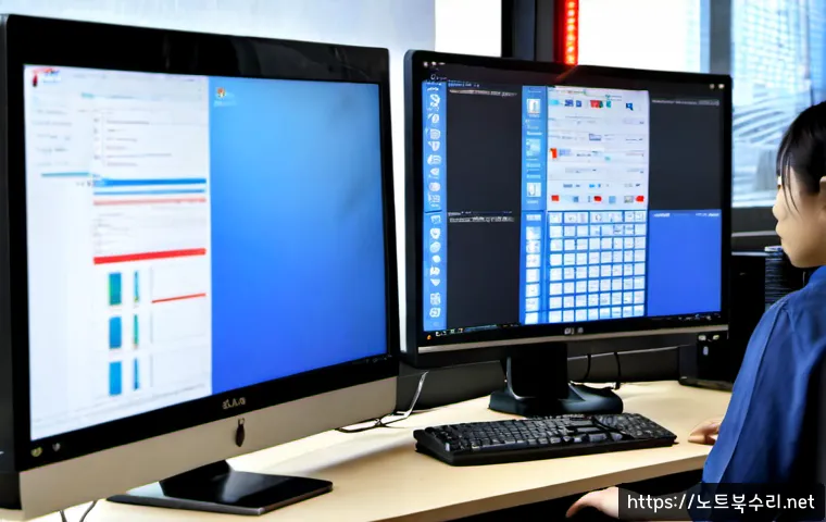 덕풍동 STATUS_KERNEL_DATA_CORRUPTION - Photorealistic IT support workstation in a compact Deokpung-dong office, dual monitors showing abstr...