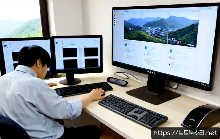 마천동 STATUS_FILE_LOCK_CONFLICT - Photorealistic remote IT support workstation in a compact Machon-dong apartment office, dual monitor...