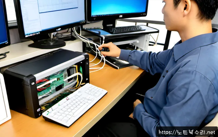 창수면 케이블연결확인 - Photorealistic remote-support workstation in a quiet rural Korean office, technician carefully resea...