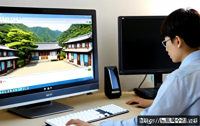 답동 STATUS_IMAGE_NOT_FOUND - Photorealistic software support workstation in a quiet Korean residential district, dual monitors sh...