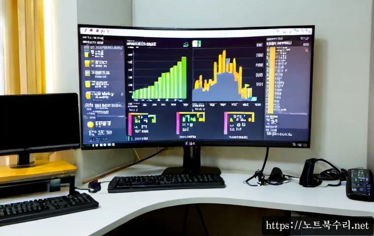중리동 절전모드 - Photorealistic IT support workstation in a compact Jungni-dong apartment office, ultrawide monitor s...