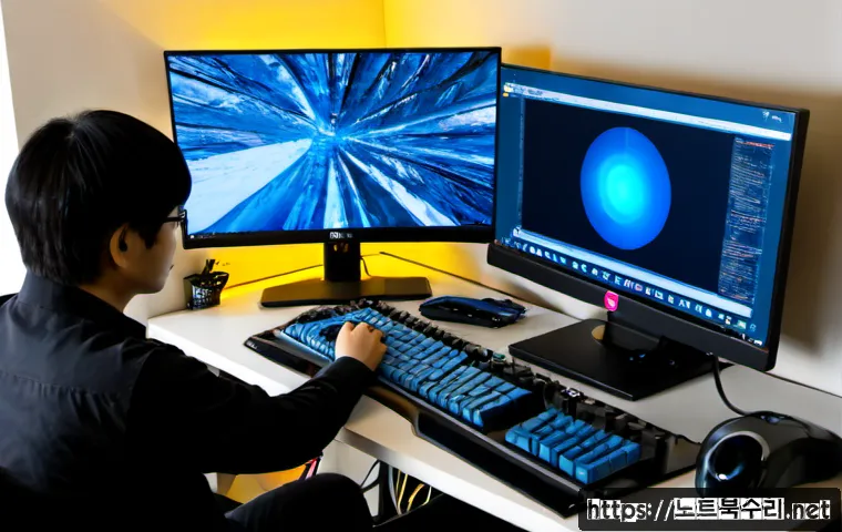 면목동 STATUS_KERNEL_MODULE_CORRUPTION - Photorealistic remote-support workstation in a compact Myeonmok-dong apartment office, dual monitors...