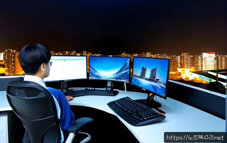 와룡동 STATUS_CONTROL_C_EXIT - Photorealistic IT support workstation in a compact Waryong-dong design office, architect calmly rese...