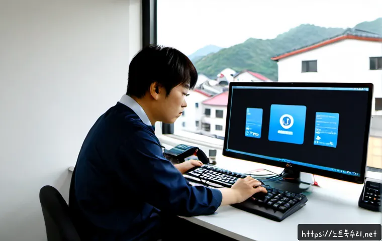은천동 STATUS_KERNEL_PERMISSION_DENIED - Photorealistic IT support workstation in a compact Seoul hillside apartment office, frustrated techn...