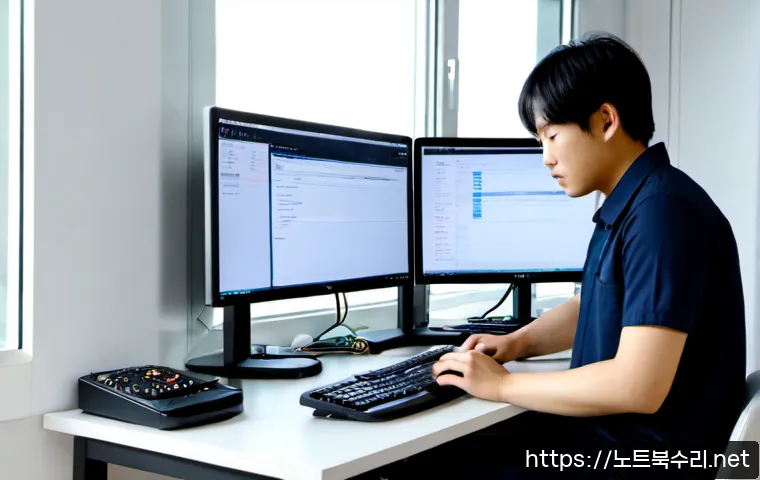 포동 SESSION3_INITIALIZATION_FAILED - Photorealistic IT support workstation in a compact Korean office, dual monitors showing a blank desk...