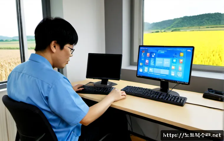 양성면 SYSTEM_LICENSE_VIOLATION - Photorealistic IT support workstation in a quiet rural Korean office, dual monitors showing abstract...