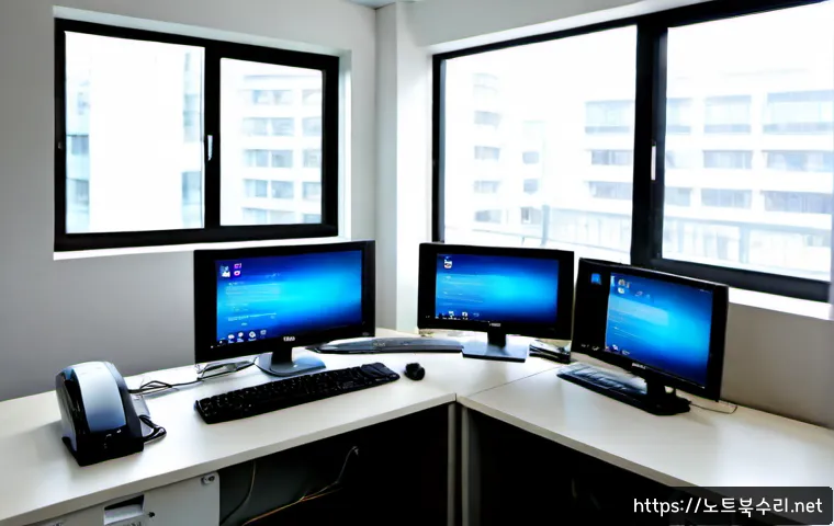 아양동 STATUS_SECURITY_POLICY_VIOLATION - Photorealistic IT administrator workstation in a quiet Korean residential district office, dual moni...