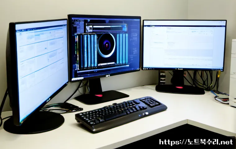 역촌동 HARDWARE_INTERRUPT_STORM - Photorealistic IT support workstation in a compact Yeokchon-dong office, desktop tower opened beside...