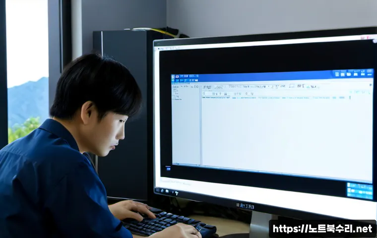 포천동 KERNEL_STACK_INPAGE_ERROR - Photorealistic IT support workstation in Pocheon-dong, desktop monitor showing a blank blue system r...