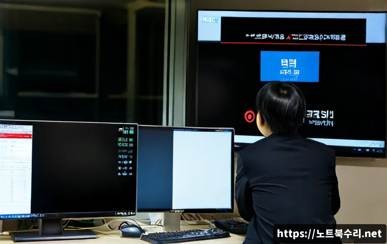 일산동 VENDOR_DEFINED_ERROR - Photorealistic IT support workstation in Ilsandong, a frustrated office technician viewing a blank s...