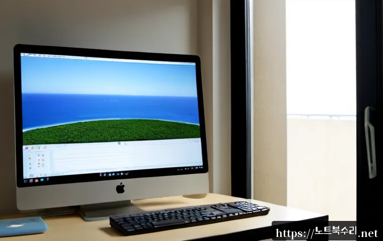 마산동 macosX재설치 포맷  초기화 - Photorealistic Mac-style all-in-one computer on a tidy workstation during a clean operating system r...
