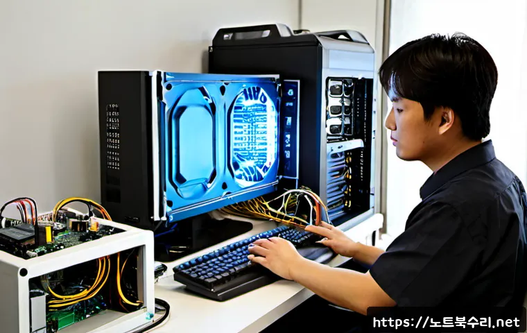 동산동 본체 꺼졌다 켜졌다 할때 - Photorealistic computer repair workstation in a compact Dongseong neighborhood office, desktop tower...