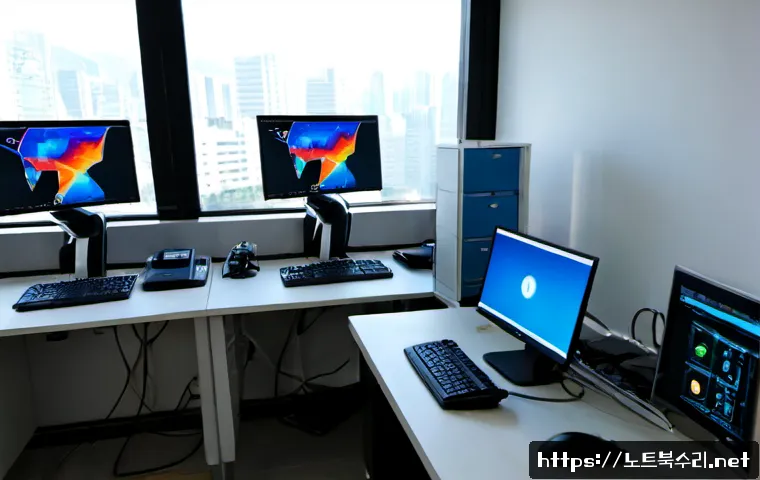 하대원동 WATCHDOG_VIOLATION - Photorealistic IT support workstation in a compact South Korean office, dual monitors showing a clea...