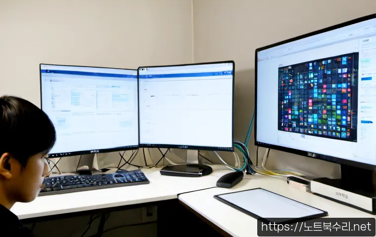성포동 STATUS_INVALID_PAGE - Photorealistic IT support workstation in a compact Seongpo-dong apartment office, dual monitors show...
