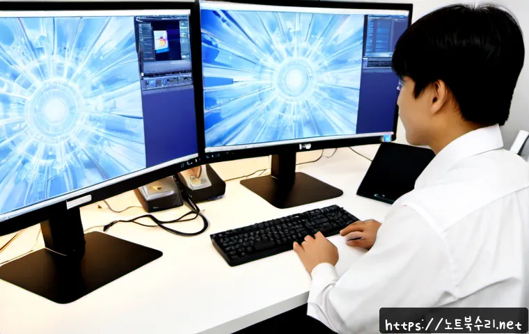 대자동 THREAD_STUCK_IN_DEVICE_DRIVER - Photorealistic IT support workstation in Daechi-dong, Seoul, dual monitors showing a frozen abstract...