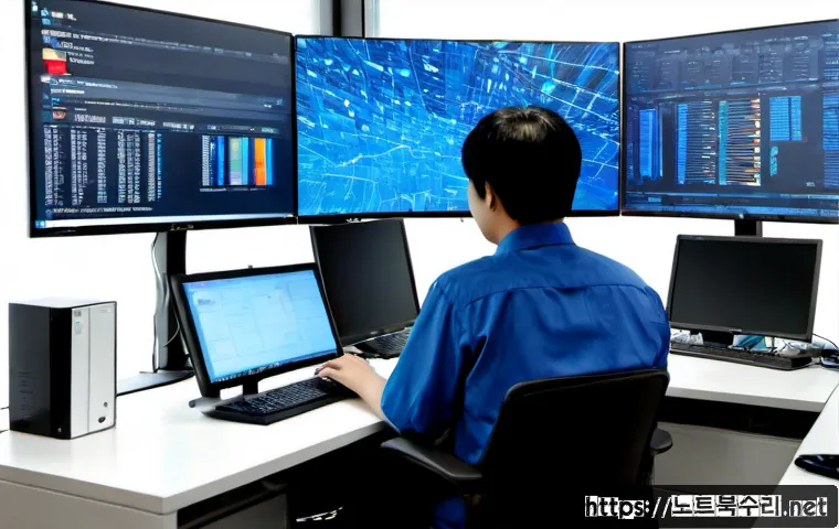 장교동 STATUS_STACK_UNDERFLOW - Photorealistic IT support workstation in a compact Janggyo-dong office, dual monitors showing abstra...